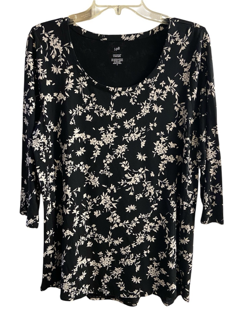 J. Jill Black Tunic Top with Cream Floral Print Supima Cotton Medium - Picture 2 of 7